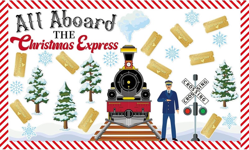 PYURTHITY All Aboard The Christmas Express Bulletin Board Set, 86 Pcs Christmas Classroom Bulletin Board Decorations Kit, Xmas Winter Classroom Belief Decor Create a Faith and Joy Polar Journey - Image 1